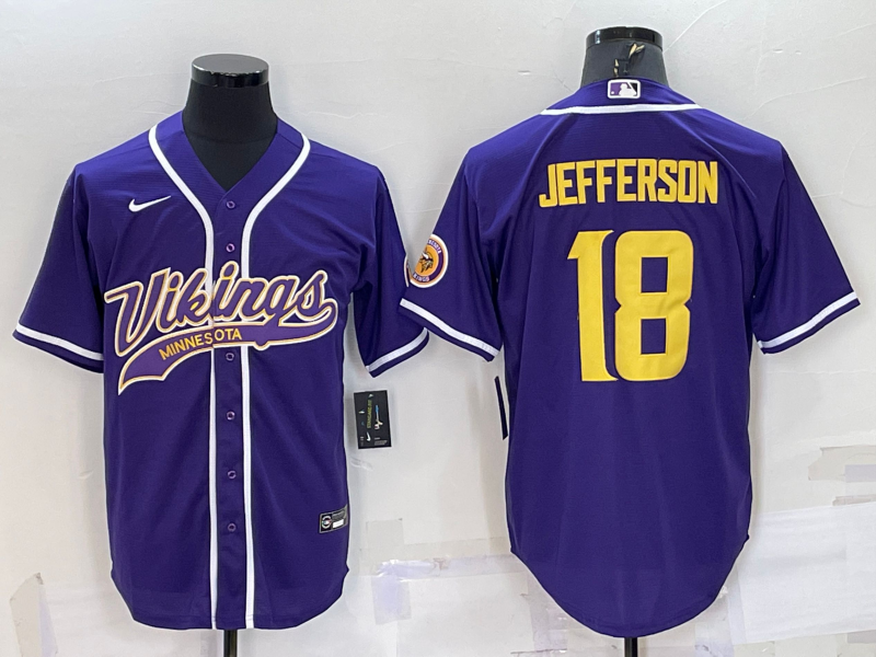 Men's Minnesota Vikings #18 Justin Jefferson Purple Gold With Patch Cool Base Stitched Baseball Jersey